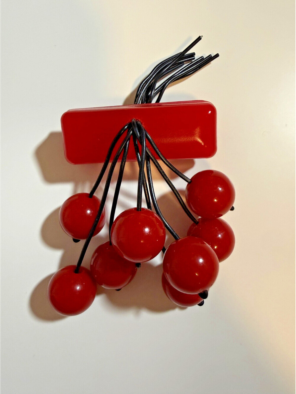 Red Cherries Brooch - Luxulite Fakelite Reproduction Bakelite Rockabilly Bar Pin